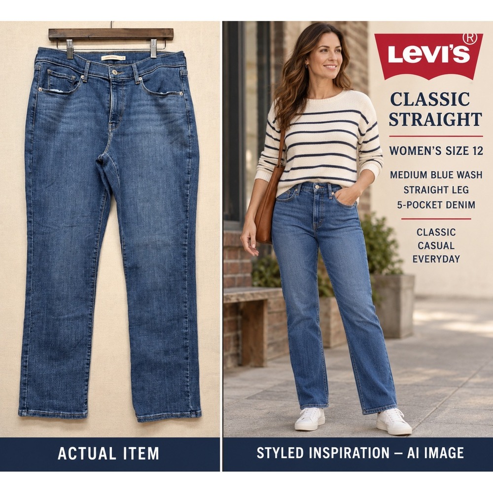 Levi's Classic Straight Jeans Womens 12 Medium Wash Mid Rise Blue Stretch Denim